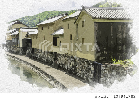 水彩画風　平福　川端風景　兵庫県佐用郡佐用町 107941785