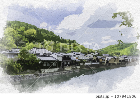 水彩画風　平福　川端風景　兵庫県佐用郡佐用町 107941806
