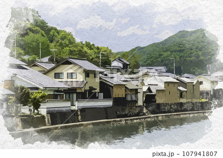 水彩画風 平福 川端風景 兵庫県佐用郡佐用町 水彩画風 平福 川端風景 兵庫県佐用郡佐用町 107941807