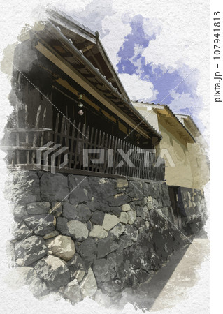 水彩画風　平福　川端風景　兵庫県佐用郡佐用町 107941813