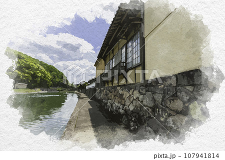 水彩画風　平福　川端風景　兵庫県佐用郡佐用町 107941814