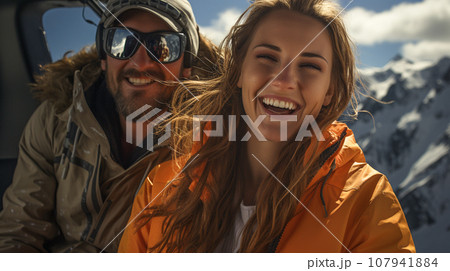 Young Adult Couple Enjoying Their Ski Lift or Tram Ride on a Beautiful Winter Day. Generative AI. 107941884