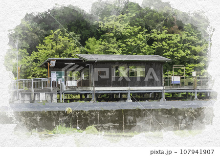 水彩画風　平福　智頭急行　平福駅　兵庫県佐用郡佐用町 107941907