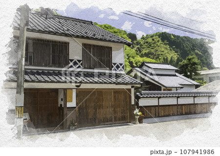 水彩画風 平福 平福の街並み 兵庫県佐用郡佐用町 水彩画風 平福 平福の街並み 兵庫県佐用郡佐用町 107941986