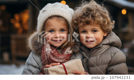 Cute Couple of Children Dressed Warmly Holding a Wrapped Christmas Gift Outdoors. 107942231