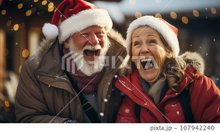 Affectionate Laughing Senior Couple Having Fun Together In The Snow. Generative AI. 107942240