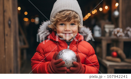Cute Young Boy Dressed for a Snowy Christmas Holding a Festive Tree Ornament. Generative AI. 107942241