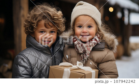 Cute Couple of Children Dressed Warmly Holding a Wrapped Christmas Gift Outdoors. 107942242