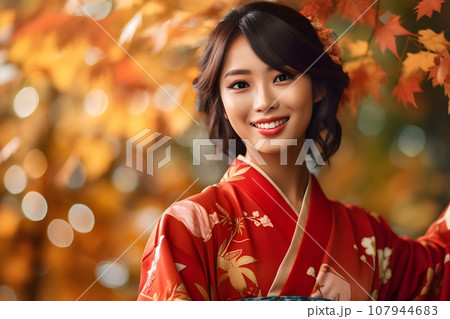 紅葉と着物を着た女性12　AI生成画像 107944683