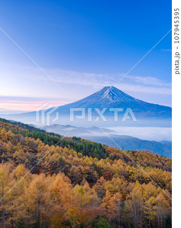 山梨_紅葉と富士山の朝焼け絶景風景 山梨_紅葉と富士山の朝焼け絶景風景 107945395