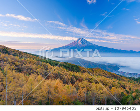 山梨_紅葉と富士山の朝焼け絶景風景 107945405