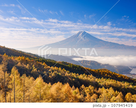 山梨_紅葉と富士山の朝焼け絶景風景 107945419
