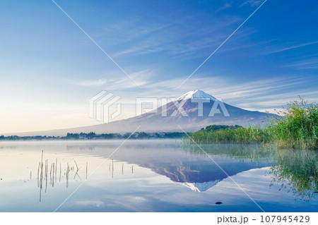(山梨県)河口湖の向こうに薄雪化粧した富士山 (山梨県)河口湖の向こうに薄雪化粧した富士山 107945429