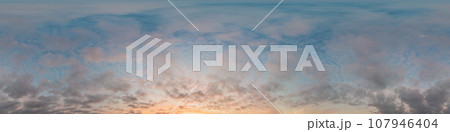 Sunset sky panorama with bright glowing pink Cumulus clouds. HDR 360 seamless spherical panorama. Full zenith or sky dome in 3D, sky replacement for aerial drone panoramas. Climate and weather change. Sunset sky panorama with bright glowing pink Cumulus clouds. HDR 360 seamless spherical panorama. Full zenith or sky dome in 3D, sky replacement for aerial drone panoramas. Climate and weather change. 107946404