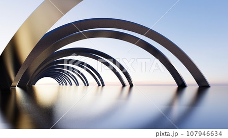 The black arches on the flat floor, with sky background. 3D illustration render 107946634