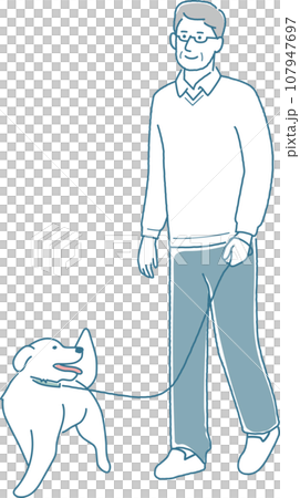 老人帶著他的狗散步,全身 老人帶著他的狗散步,全身 107947697