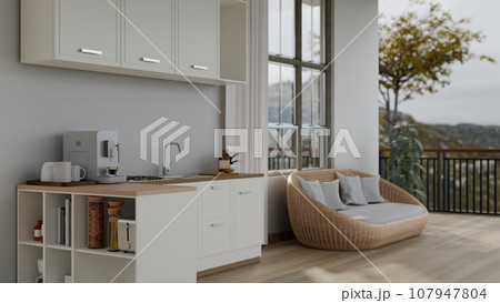 A modern, minimalist apartment studio with a small kitchen, a small living room space and a balcony. 107947804
