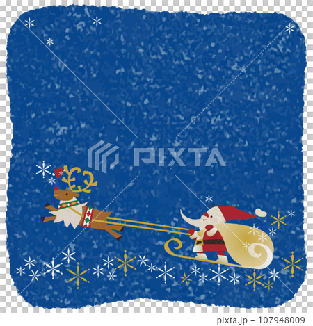 Santa Claus and reindeer flying in the sky, stars and snow in the night sky_Watercolor touch square Christmas card 107948009