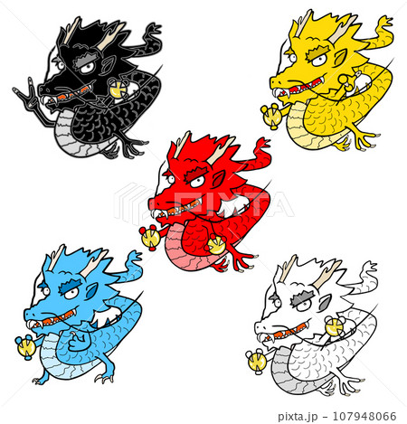 ドラゴンボールを持ったポップな龍神様5柱のイラスト素材 [107948066