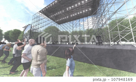 野外ライブ会場　イベント(ステージ シート無し)　観客あり　イラストCG 107948169