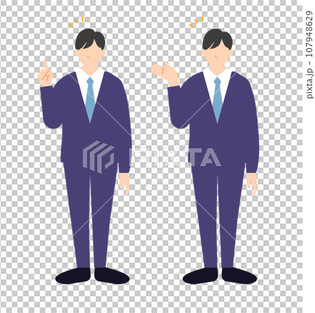 説明と案内をするスーツ姿のビジネスパーソンのフラットなイラスト 説明と案内をするスーツ姿のビジネスパーソンのフラットなイラスト 107948629
