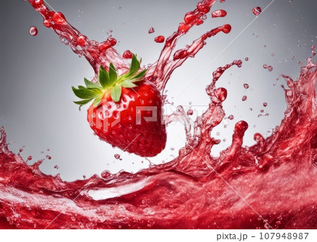splash of strawberry falling into water 107948987