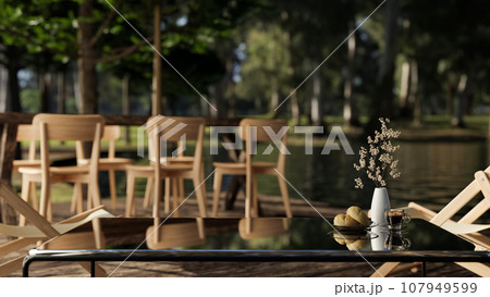 Copy space on a coffee table with a blurred background of a dining table in a beautiful green forest Copy space on a coffee table with a blurred background of a dining table in a beautiful green forest 107949599