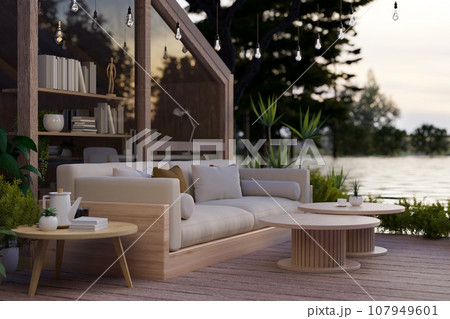 Exterior design of a beautiful and comfortable outdoor lounge relaxation area with a beautiful lake. Exterior design of a beautiful and comfortable outdoor lounge relaxation area with a beautiful lake. 107949601