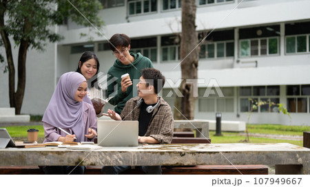 A group of diverse college students is discussing project details, using a laptop in a campus park. 107949667
