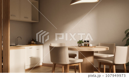 A minimal Scandinavian apartment kitchen with kitchen appliances and a dining table. 107949973