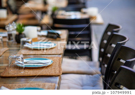 Table set for an event party or wedding reception in a restaurant. 107949991