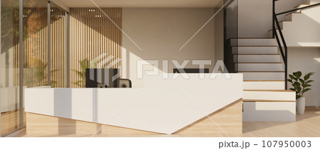 Interior design of a modern contemporary reception area or lobby area with a reception counter. 107950003