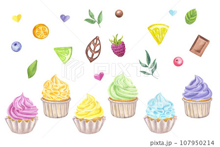 Set rainbow multicolored cupcakes muffins, sweet whipped cream. Berries, citrus fruits, chocolate, leaf. Hand drawn watercolor illustration isolated on white background. Food clipart 107950214