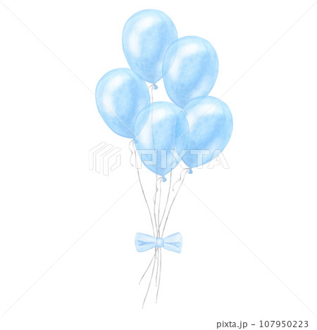 Blue balloons bundle with bow, boy kids birthday surprise. Gender reveal party, baby shower. Hand drawn watercolor illustration isolated on white background. For newborn products 107950223