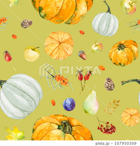 Seamless pattern of watercolor illustrations of Autumn pumpkins, leaves, apples, pear, acorn, Seamless pattern of watercolor illustrations of Autumn pumpkins, leaves, apples, pear, acorn, 107950309