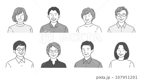 シンプルな線画の高齢者男女アイコンイラストセット 107951201