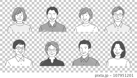 シンプルな線画の高齢者男女アイコンイラストセット 107951201