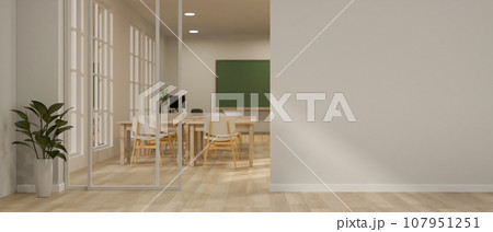 Interior design of a modern minimalist classroom with row of study table, blackboard 107951251