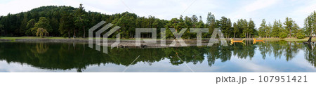 岩手県／毛越寺庭園の池と金鶏山のパノラマ【世界遺産・特別名勝】 107951421