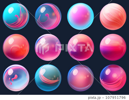 Set of colorful spheres with glares and shadows on dark background, Abstract crystal balls, Alien planets, Multicolored glass bubbles Set of colorful spheres with glares and shadows on dark background, Abstract crystal balls, Alien planets, Multicolored glass bubbles 107951796