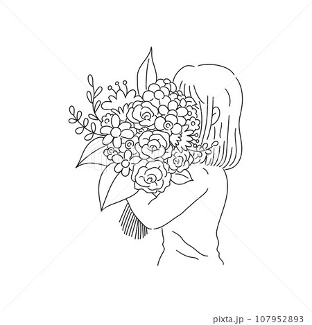 花束で顔を隠している女性・線画 107952893