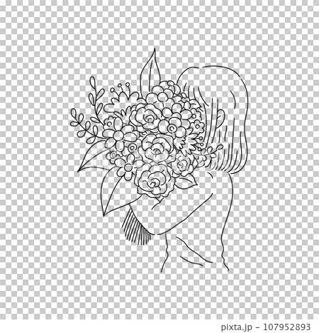 一個女人用一束花遮住臉的線條畫 一個女人用一束花遮住臉的線條畫 107952893