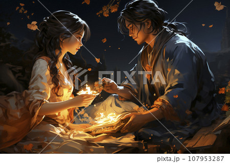 星座の神話や物語の織姫と彦星の七夕の物語「AI生成画像」 107953287