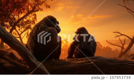 gorilla family at sunset gorilla family at sunset 107953739