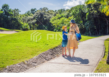 Expectant mother and her son enjoying a leisurely stroll in the park, cherishing precious moments amidst nature's beauty Expectant mother and her son enjoying a leisurely stroll in the park, cherishing precious moments amidst nature's beauty 107953925
