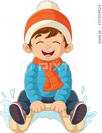 Cartoon little boy sledding down a hill 107954024