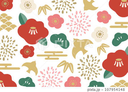 和柄の花と松竹梅のポップな和柄のベクターイラスト背景 和柄の花と松竹梅のポップな和柄のベクターイラスト背景 107954148