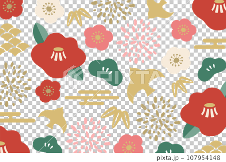 和柄の花と松竹梅のポップな和柄のベクターイラスト背景 和柄の花と松竹梅のポップな和柄のベクターイラスト背景 107954148