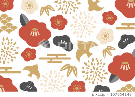和柄の花と松竹梅のポップな和柄のベクターイラスト背景 107954149