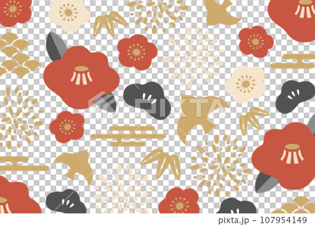 和柄の花と松竹梅のポップな和柄のベクターイラスト背景 107954149